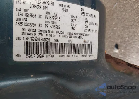 1999 Jeep Cherokee Classic/Sport из США, поврежденный, VIN 1J4FF68S3XL651689